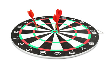 Dart board with red arrows hitting target isolated on white