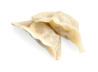 Tasty boiled gyoza (dumplings) isolated on white, top view