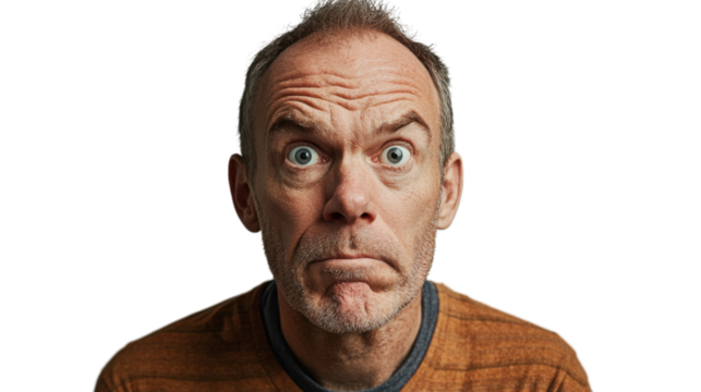 Surprised mature man with wide eyes on transparent background