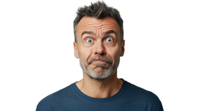 Shocked mature man with transparent background raising eyebrows and opening his mouth