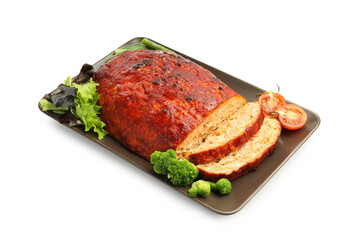 Delicious turkey meatloaf with vegetables isolated on white