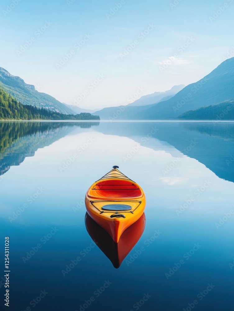 Poster lone kayak drifting on a tranquil mountain lake at sunrise reflecting soft colors and surrounded by 