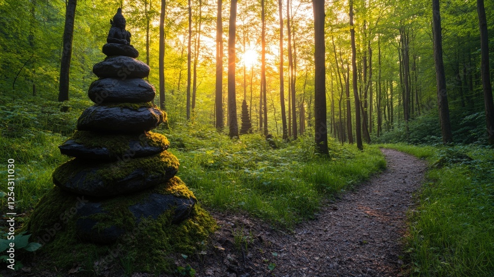 Poster Path through a dense forest leading to a hidden temple with a statue and surrounding greenery