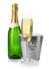 Champagne and bucket with ice isolated on white
