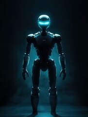 Fototapeta premium Glowing humanoid robot stands in a dark environment with a minimalist design. Generative AI