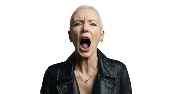 Angry senior woman shouting with transparent background
