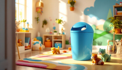 Brightly Lit Playroom with Toys and Blue Bin