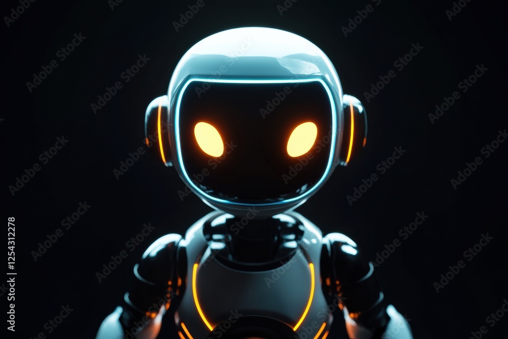 Poster glowing humanoid robot stands centered in dark space showcasing minimalist design and vibrant illumi