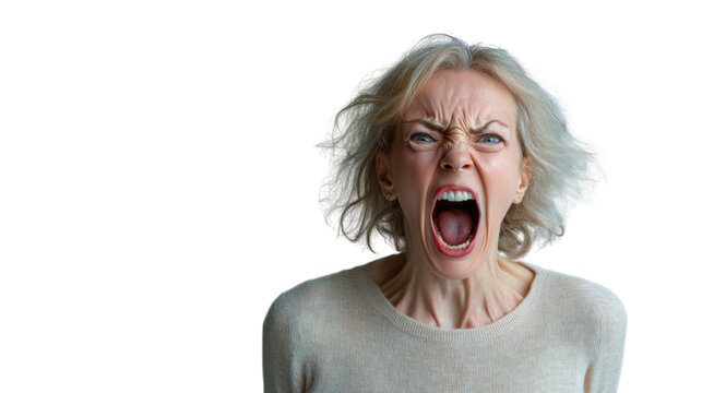 Angry senior woman shouting with transparent background