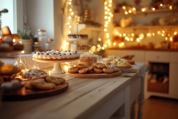 Obraz premium Festive kitchen table displaying freshly baked cookies and beautifully decorated cakes for a joyful holiday celebration. Generative AI