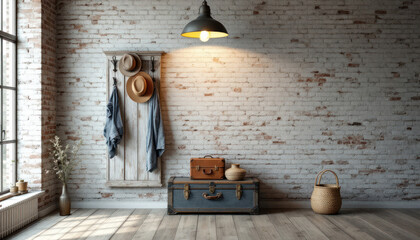 Vintage interior design with rustic elements and brick wall