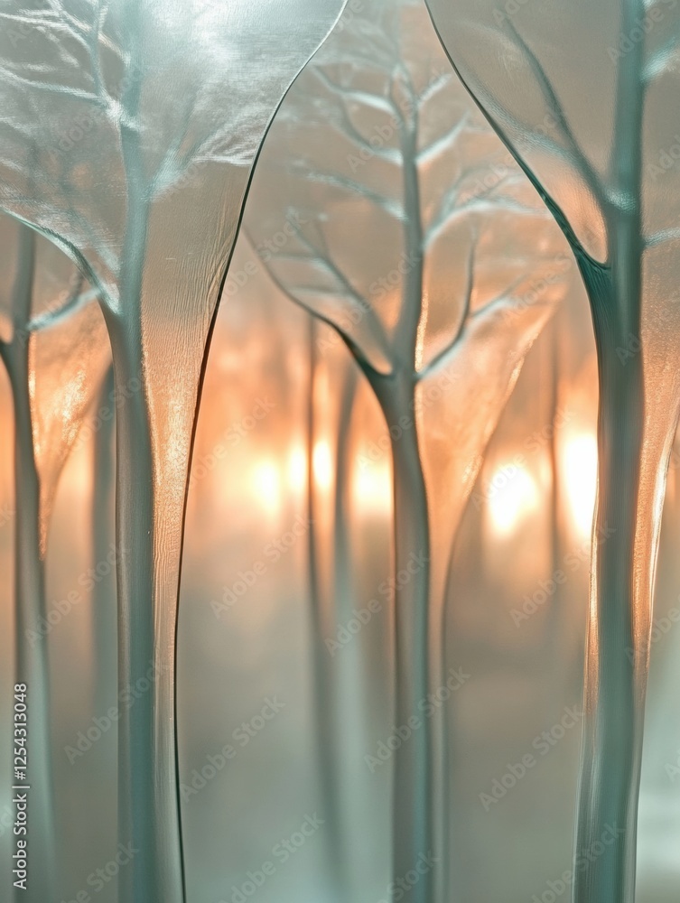 Poster glowing reflections in a mystical forest of abstract glass trees enveloped in soft light. generative