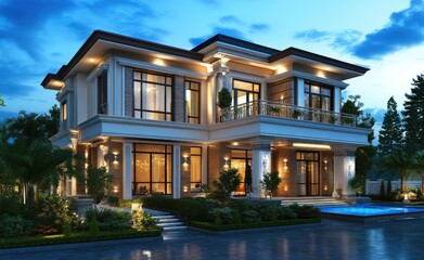 Fototapeta premium Luxurious Two Story Home Nighttime Exterior View