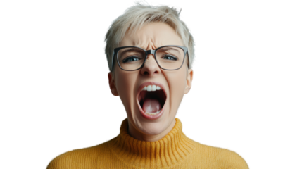 Furious woman shouting with transparent background: frustrated office worker expressing anger and stress