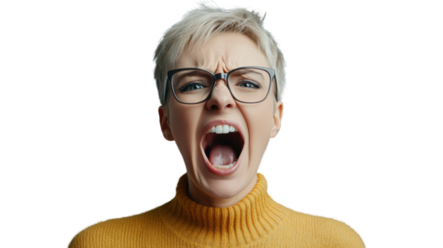 Furious woman shouting with transparent background: frustrated office worker expressing anger and stress