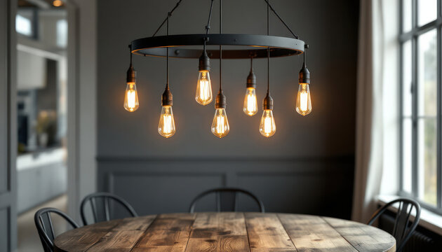 Vintage Industrial Chandelier Hanging Over Wooden Table - Powered by Adobe