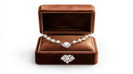 Elegant diamond necklace in a brown velvet box.  Sparkling luxury.