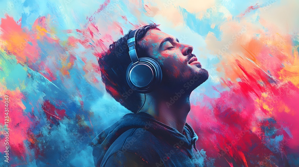 Poster man listening to music in vibrant abstract setting