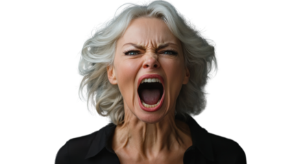Angry senior businesswoman shouting with a transparent background
