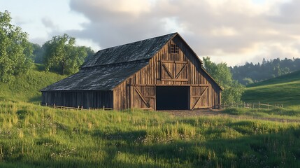 Obraz premium rustic barn with wooden beams and green fields 