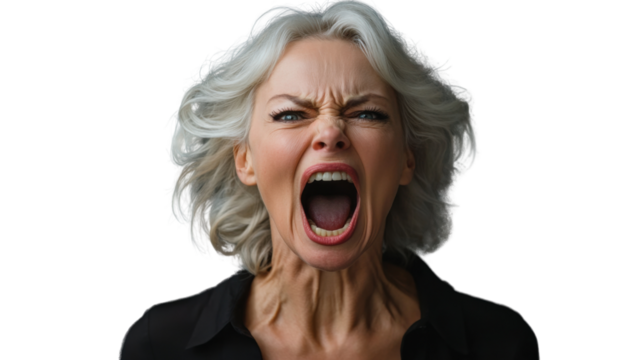 Angry senior businesswoman shouting with a transparent background
