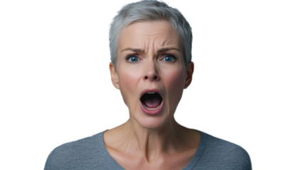 Shocked mature woman opening her mouth on transparent background