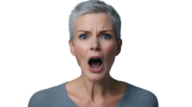 Shocked mature woman opening her mouth on transparent background