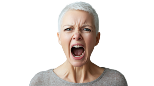 Angry senior woman shouting with transparent background