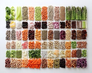 A vibrant display of assorted vegetables and legumes arranged in an organized grid, showcasing a variety of colors and textures.