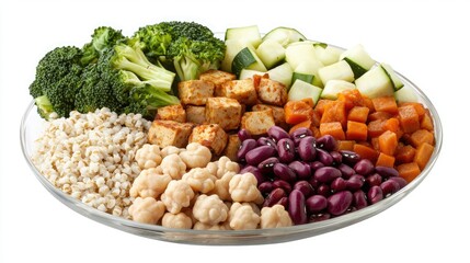 A colorful platter featuring broccoli, cucumbers, sweet potatoes, various beans, chickpeas, and grains, showcasing a healthy, plant-based meal.