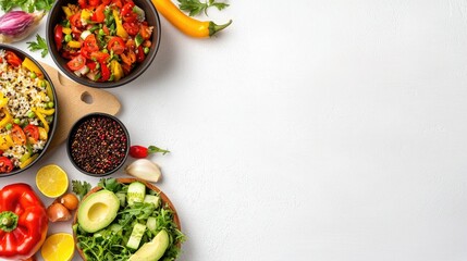 A vibrant display of fresh vegetables, salads, and colorful ingredients arranged neatly on a white background, inviting healthy meal preparation.
