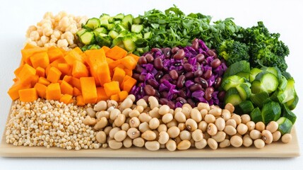A vibrant display of fresh vegetables and grains arranged neatly on a wooden board, showcasing a variety of colors and textures.