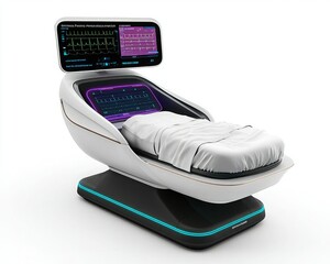 A futuristic medical bed with a sleek design featuring a digital display, designed for patient monitoring and comfort.