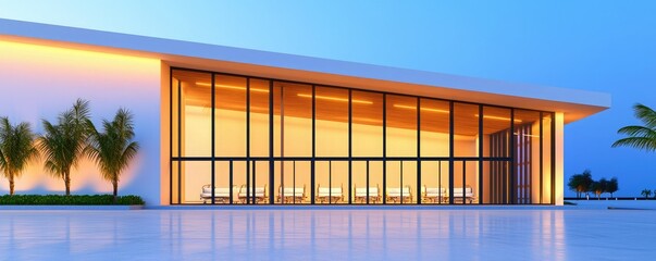 A modern architectural structure featuring large glass windows, minimalistic design, and soft ambient lighting against a serene backdrop.