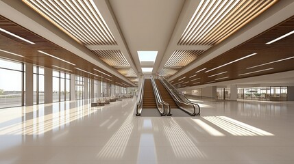 A spacious, modern interior featuring wooden accents, large windows, and escalators, enhancing natural light and open space.