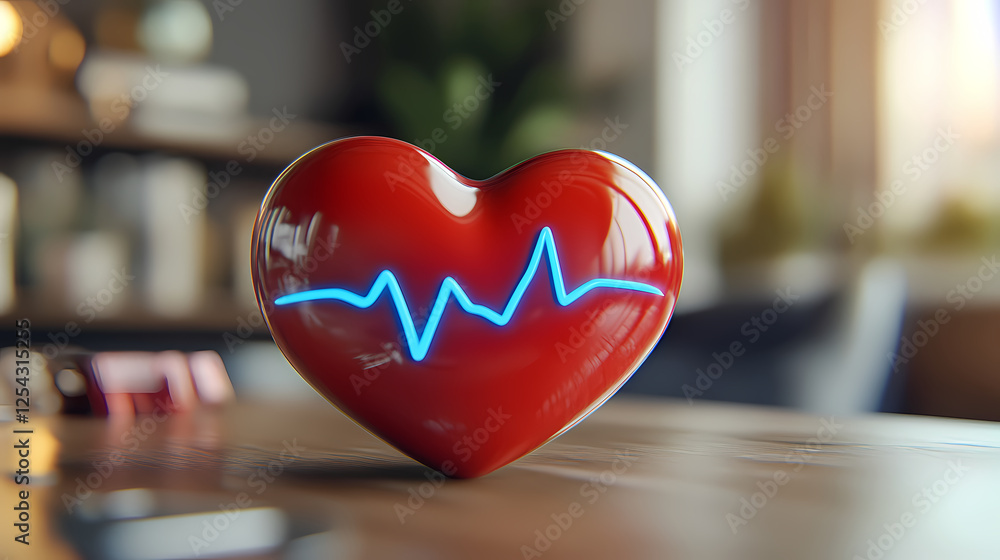 Poster red heart with blue pulse pattern on table
