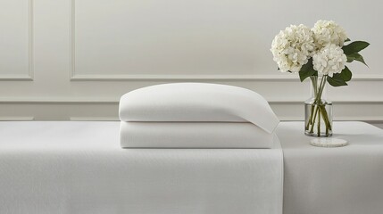 A serene display of white towels stacked on a table, accompanied by a vase of fresh flowers, creating a calm and elegant atmosphere.
