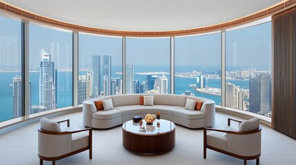 A luxurious living room with panoramic views of the city skyline and ocean, featuring modern furniture and elegant decor.