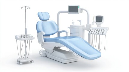 A modern dental chair equipped with monitors and tools, designed for patient comfort and efficiency in a clinical setting.