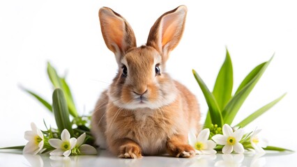 Fototapeta premium Brown Rabbit with Spring Flowers