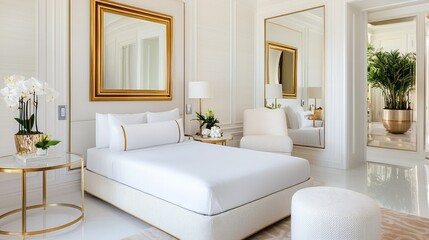 A serene, elegant bedroom featuring white decor, gold accents, large mirrors, and lush plants, creating a luxurious and inviting atmosphere.