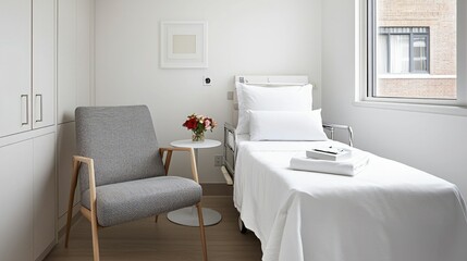 A minimalist hospital room featuring a bed, chair, small table, and natural light from a window, creating a calm and clean environment.