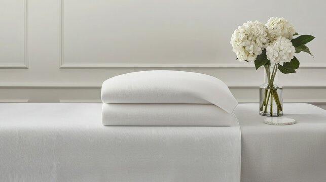 A serene display of white towels stacked on a table, accompanied by a vase of fresh flowers, creating a calm and elegant atmosphere.