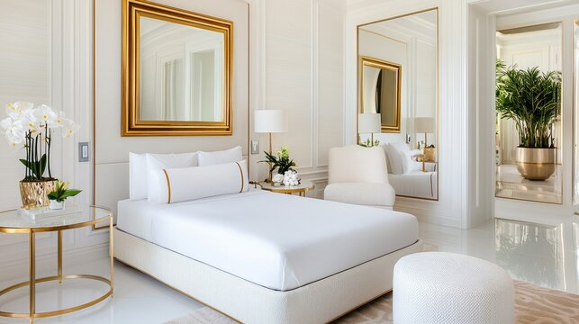 A serene, elegant bedroom featuring white decor, gold accents, large mirrors, and lush plants, creating a luxurious and inviting atmosphere.