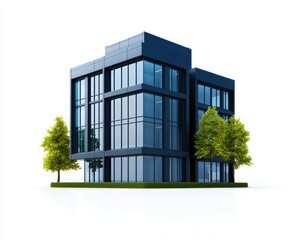 A modern office building featuring large glass windows and greenery, set against a white background.