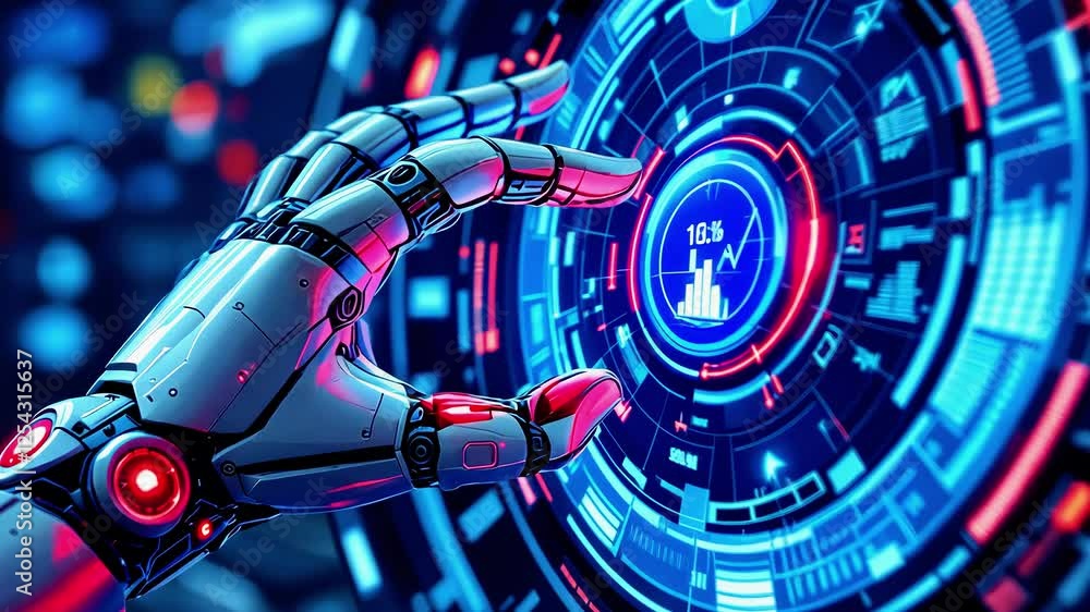 Aufkleber futuristic robotic hand interacting with a digital interface showcasing data and technology