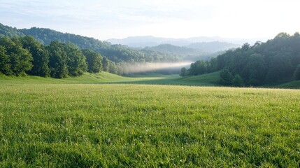 Fototapeta premium Misty valley at dawn, lush green meadow, tranquil morning view, nature landscape photo