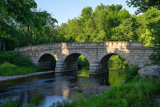 Stone bridge over river with green backdrop