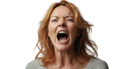Furious middle aged woman shouting with transparent background