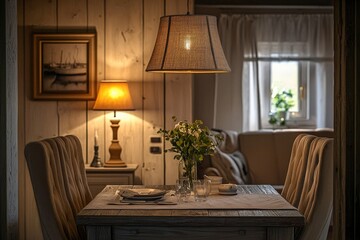 Fototapeta premium Cozy rustic dining area with warm lighting and elegant decor